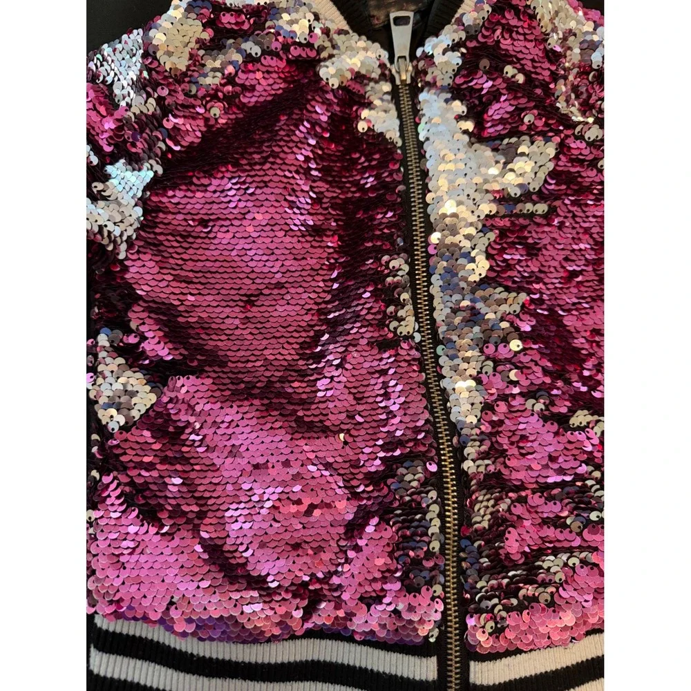 Kids Pink Silver Flip Sequin Bomber Jacket Full Zip Striped Trim Sparkly Coat
